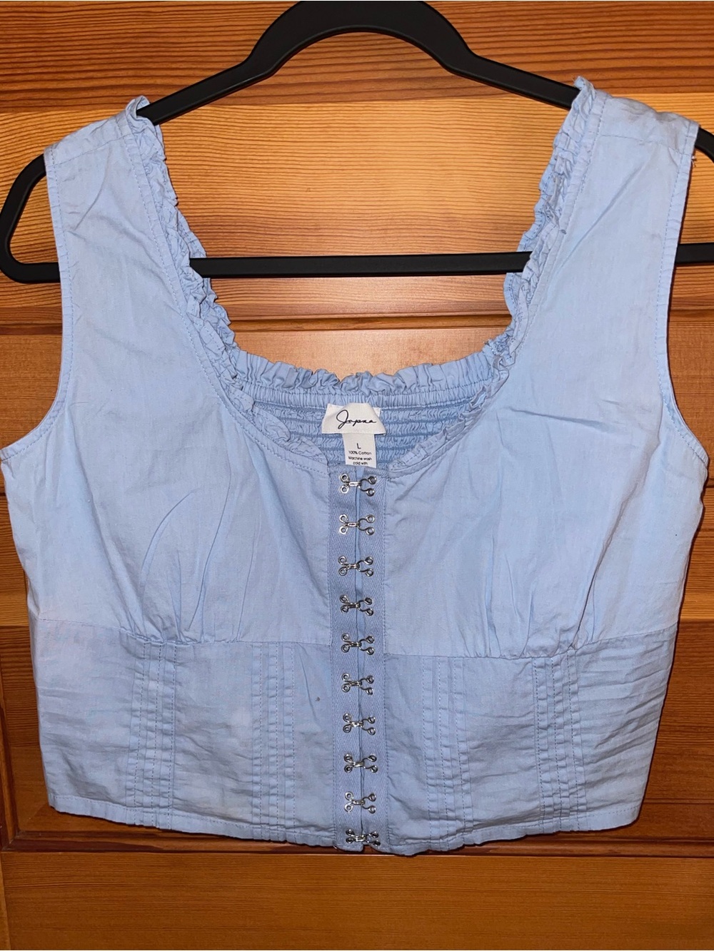 JAna Pale Blue Hook-Front Ruffle Trim Crop Top - NWOT - Large